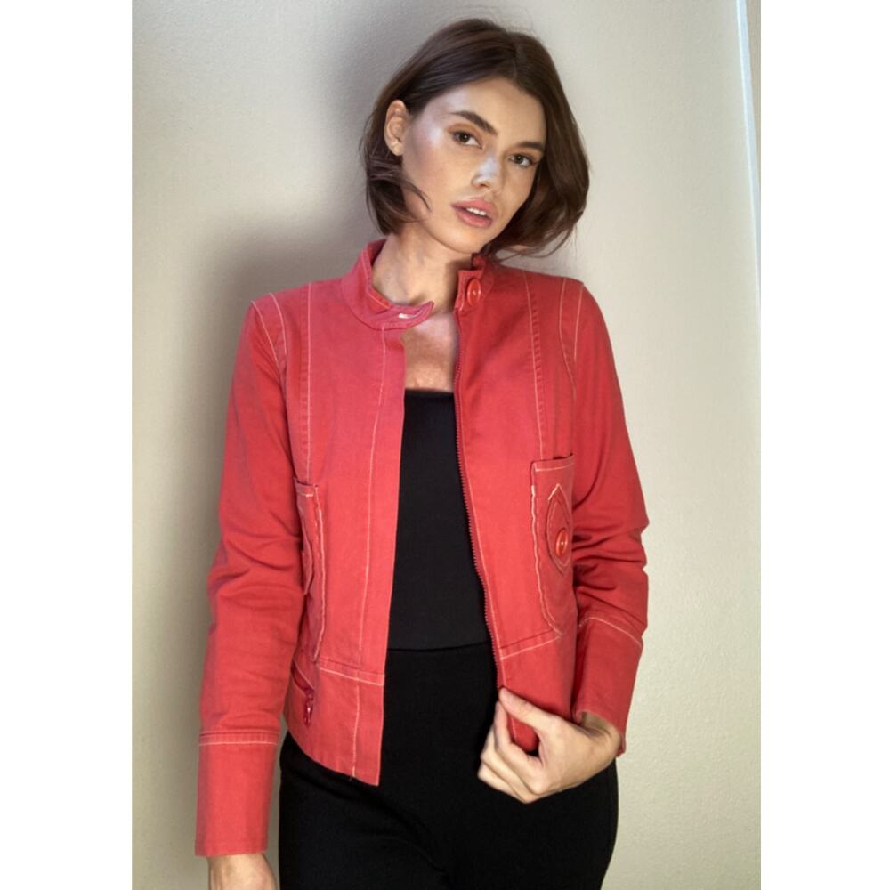Anthropologie Sitwell ~ Moto Jean Jacket Bright Redish Pink Buttons ~ Sz 10